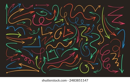 Colección Vibrante De Flechas Dibujadas A Mano En Varias Formas Y Colores Sobre Fondo Negro, Conjunto De Imágenes vectoriales