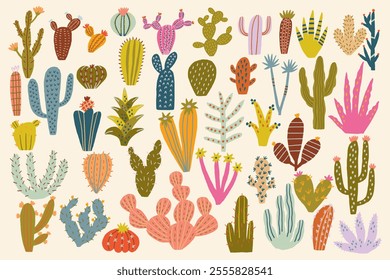 Vibrant collection of hand-drawn cacti in various shapes and colors. Vector hand drawn illustration in freehand style