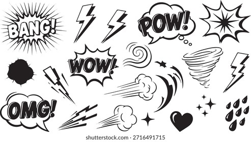 Eine lebendige Sammlung von handgezeichneten Comic-Soundeffekten wie Bang Pow Wow und OMG zusammen mit Blitzschrauben wirbelt und andere energetische grafische Elemente perfekt für zusätzliche Spannung zu Designs