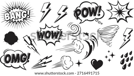 A vibrant collection of hand-drawn comic book sound effects like Bang Pow Wow and OMG along with lightning bolts swirls and other energetic graphic elements perfect for adding excitement to designs