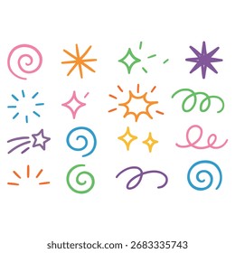 Eine lebendige Kollektion handgezeichneter Doodle-Elemente, darunter Sterne, Funkeln, Wirbel und Bursts, die alle einzeln auf sauberem, weißem Hintergrund für eine vielseitige Designanwendung erstellt wurden.