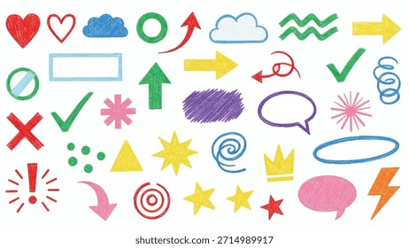 Uma coleção vibrante de elementos de rabiscar desenhados à mão, incluindo corações, nuvens, setas, marcas de seleção, cruzes, estrelas, balões de fala e várias formas abstratas, perfeitas para projetos de design.
