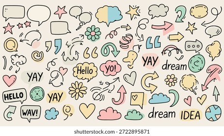A vibrant collection of hand-drawn doodle elements including speech bubbles arrows hearts clouds flowers and text like YAY Hello and Dream on a light background