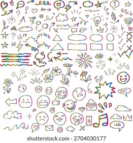 A vibrant collection of hand-drawn doodles featuring arrows, speech bubbles, hearts, stars, and emoticons. Perfect for adding a playful and creative touch to any design. 