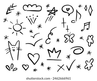 A vibrant collection of hand-drawn doodles including a cat, sun, cloud, stars, hearts, and various playful symbols in black ink.