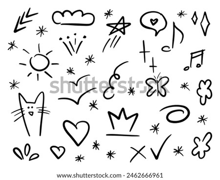A vibrant collection of hand-drawn doodles including a cat, sun, cloud, stars, hearts, and various playful symbols in black ink.