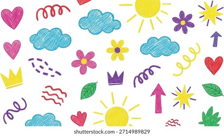 Una vibrante colección de Elementos dibujados a mano para niños, que incluye corazones, nubes, soles, flores, coronas, hojas y Formas abstractas.
