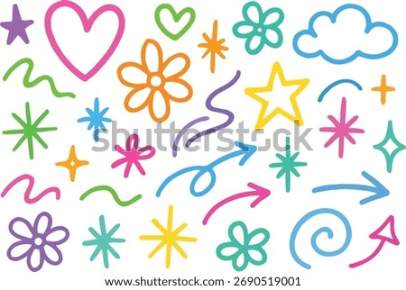 A vibrant collection of hand-drawn elements including hearts stars flowers clouds and arrows perfect for adding a playful and artistic touch to various creative endeavors.