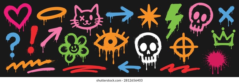 A vibrant collection of hand-drawn graffiti elements, spray paint icons, and urban street art symbols on black.