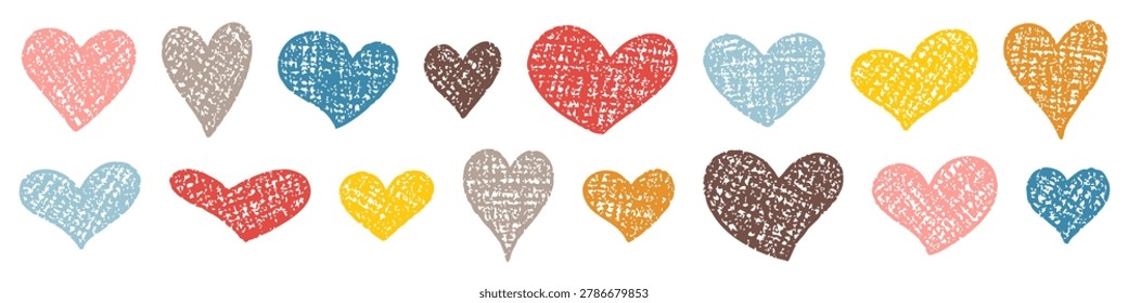 Vibrant collection of hand-drawn hearts featuring rich crayon texture in pink, red, yellow, blue, orange and brown tones. Playful scribbled heart shapes perfect for text frames and romantic designs on white background.