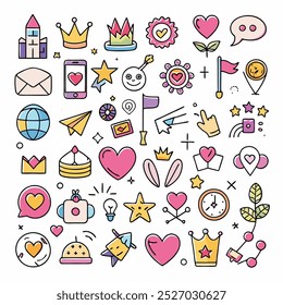 A vibrant collection of hand-drawn icons representing love, joy, and friendship. This cheerful set includes hearts, crowns, stars, and more, perfect for adding a touch of whimsy to your designs.