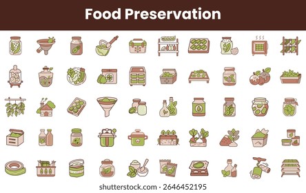 Uma coleção vibrante de ilustrações desenhadas à mão representando vários métodos de preservação de alimentos, incluindo enlatamento, secagem e decapagem, mostrando uma paleta de cores terrosas.