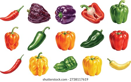 A vibrant collection of hand-drawn pepper illustrations including red chili, green bell, habanero, and purple peppers isolated on white.