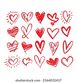 A vibrant collection of hand-drawn red heart doodles with various shapes and designs, perfect for Valentine's Day, romantic themes, greeting cards, and creative art projects