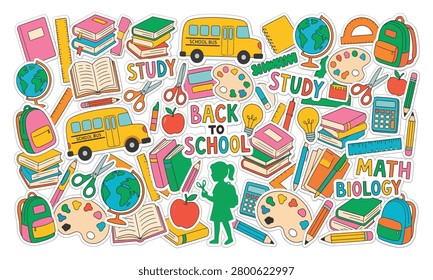 A vibrant collection of hand-drawn school supply stickers including books, a globe, a school bus, and other educational items.