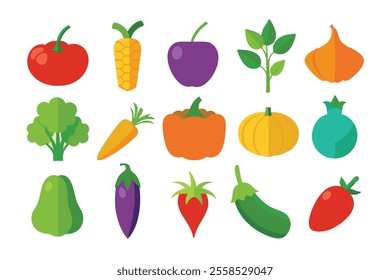 A vibrant collection of harvest vegetables including pumpkin, carrot, corn, bell pepper, tomato, and eggplant, showcasing their unique shapes, colors, and textures