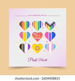 A vibrant collection of hearts in various colors representing inclusivity and love, perfect for Pride Month celebrations and awareness.