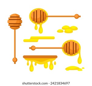 Vibrant collection of honey dippers and dripping honey, capturing the sweetness and texture of honey in a colorful vector illustration