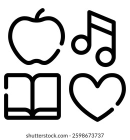 A vibrant collection of icons including an apple, book, heart, and music note, perfect for educational materials.