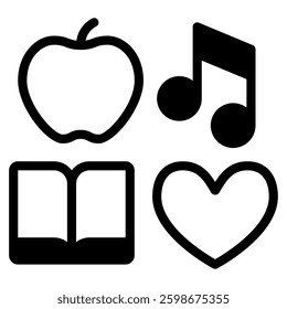 A vibrant collection of icons including an apple, book, heart, and music note, perfect for educational materials.