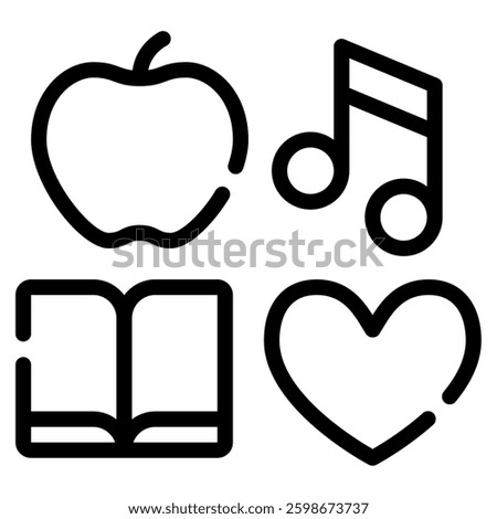 A vibrant collection of icons including an apple, book, heart, and music note, perfect for educational materials.