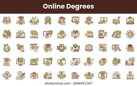 A vibrant collection of icons representing online degrees, including books, diplomas, and digital learning tools in soft green and brown colors.