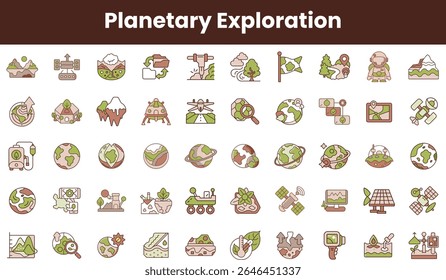 A vibrant collection of icons representing planetary exploration, featuring landscapes, spacecraft, and scientific tools that emphasize adventure and discovery.