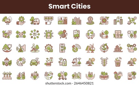 Una vibrante colección de íconos que representan ciudades inteligentes, mostrando sostenibilidad y tecnología para la vida urbana, que van desde soluciones energéticas hasta transporte inteligente.