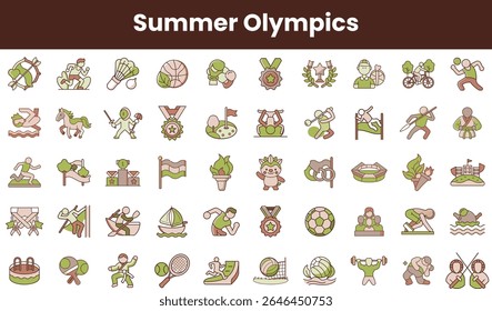 Uma coleção vibrante de ícones representando vários esportes nos Jogos Olímpicos de Verão, com diversos atletas se envolvendo em atividades como natação, futebol, ciclismo e muito mais.