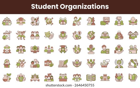 A vibrant collection of icons representing various student organizations, showcasing diversity in activities such as academics, environment, arts, and community engagement.