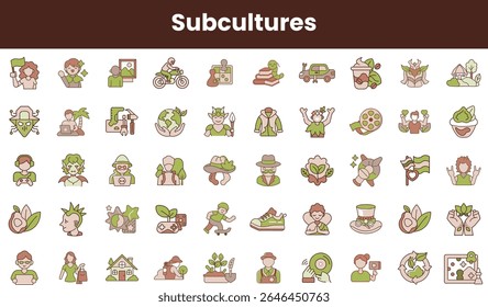 A vibrant collection of icons representing various subcultures, featuring eco-friendly themes and hobbies, showcasing diversity and community engagement in a playful design.