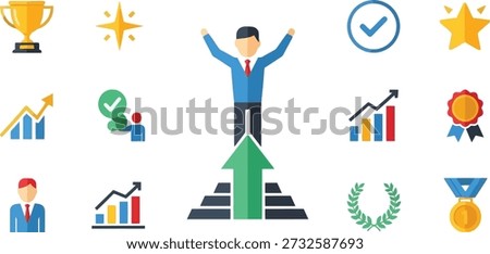 A vibrant collection of icons symbolizing triumph and success, including trophies, stars, checkmarks, and medals, representing victory, achievement, and recognition.