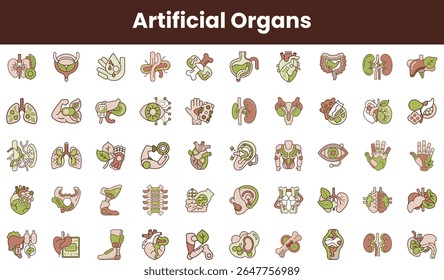 A vibrant collection of illustrated artificial organs, showcasing diverse designs in a colorful and artistic style, highlighting advancements in biomedicine and prosthetics.