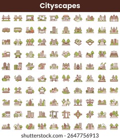 A vibrant collection of illustrated cityscapes featuring diverse buildings, parks, and urban designs, showcasing a harmonious blend of nature and architecture.