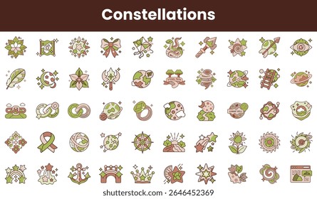 A vibrant collection of illustrated constellations, featuring various whimsical designs such as stars, flowers, and celestial symbols in soft, earthy tones.