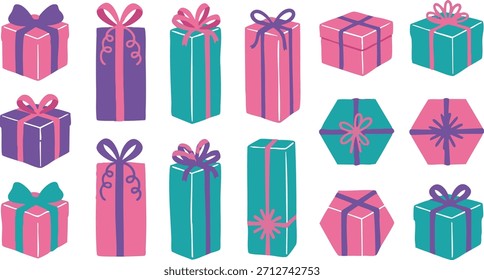 Vibrant collection of illustrated gift boxes adorned with decorative bows, perfect for celebrations, holidays, and special occasions, adding a festive touch to any design project