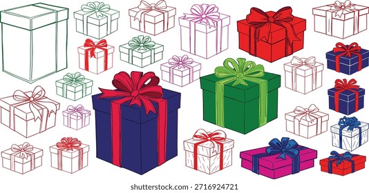 Vibrante colección de cajas de regalo ilustradas y regalos envueltos en varios colores y estilos, perfectos para fiestas, cumpleaños y celebraciones especiales, que simbolizan la alegría y el dar pensativo