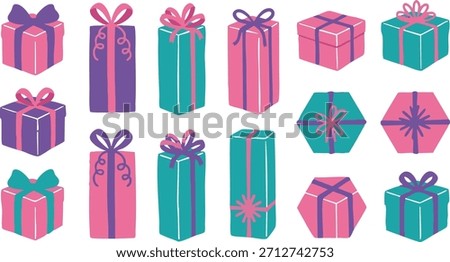 Vibrant collection of illustrated gift boxes adorned with decorative bows, perfect for celebrations, holidays, and special occasions, adding a festive touch to any design project