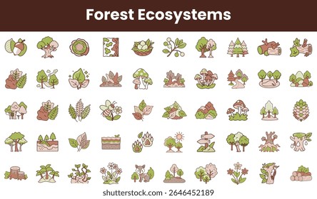A vibrant collection of illustrated icons showcasing various forest ecosystems, featuring trees, plants, and wildlife, all in a harmonious color palette.