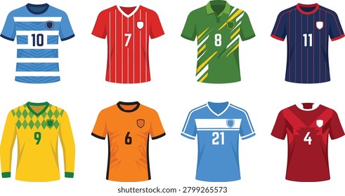 A vibrant collection of illustrated soccer jerseys in various colors, patterns, and styles with numbers and shield emblems. Perfect for sports design projects, team branding, fan merchandise, and football-themed graphics.