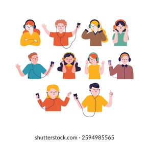 A vibrant collection of illustrations featuring people happily listening to music with headphones, for music apps, festival posters, and entertainment-themed designs