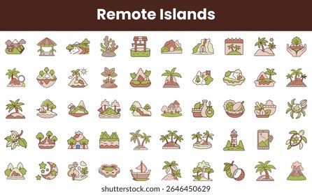 Uma coleção vibrante de ilustrações com ilhas remotas, palmeiras exuberantes e paisagens serenas, representando tranquilidade e beleza natural.