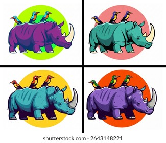 A vibrant collection of illustrations featuring robust rhinos with colorful birds perched on their backs, set against bold, circular backgrounds.