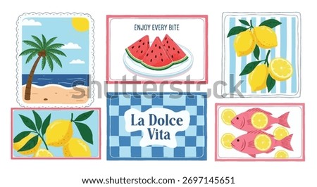A vibrant collection of illustrations featuring summer themes. Includes images of watermelon, lemons, fish, beach scenes, and the phrase 'La Dolce Vita'. Perfect for summer-themed projects.