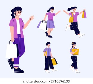 A vibrant collection of illustrations featuring various individuals carrying shopping bags and engaging in different poses and activities, representing contemporary consumerism.