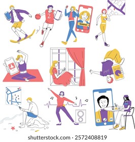 A vibrant collection of illustrations showcasing youth engaging with technology, including activities like skateboarding, gaming, fitness, music, and virtual meetings