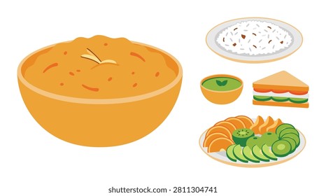 A vibrant collection of Indian dishes featuring a hearty bowl of dal, refreshing raita, spicy chutney, a savory sandwich, and a fresh fruit platter.