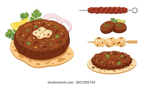A vibrant collection of Indian and Middle Eastern Kebab Dishes Collection galouti soft, shammi patty, seekh skewer, reshmi creamy, chapli kebab flat.