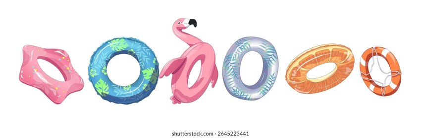 Vibrant collection of inflatable pool floats in various shapes and designs. Includes flamingo, citrus, and geometric patterns. Ideal for summer relaxation and water fun.