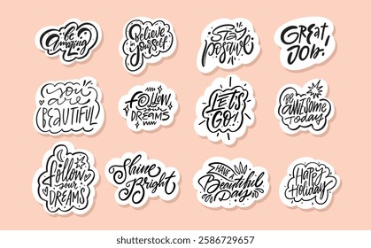 A vibrant collection of inspirational lettering phrases set stickers in a modern style for creative projects.